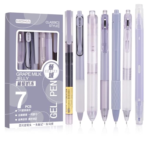 Partideal 14 Stück Gelschreiber, 0.5mm Gelschreiber Gel Stift, Aesthetic Gelstifte Schnell Trocknende Gel Pen, Retractable Kugelschreiber Stifte Fine Point Pen, Schwarz +Farbiger Textmarker Lila von Partideal