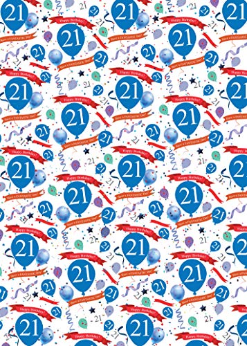 4 Bögen + 4 Geschenkanhänger 21. Geburtstag Geschenkpapier Alter 21. Geburtstag blau Geschenkpapier männlich (AWP) von Party Angels