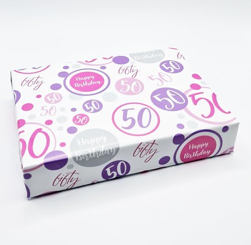 Geschenkpapier zum 50. Geburtstag, 2 Bögen + 2 passende Geschenkanhänger für Frauen zum 50. Geburtstag, Rosa, Lila, Weiß, Geschenkpapier für Frauen von Party Angels