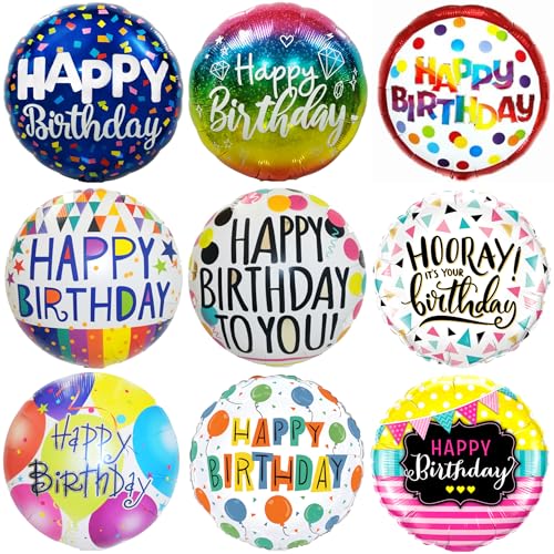 Party Austria Folienballon Geburtstagsballon 45cm Happy Birthday runder Geburtstag bunter Luftballon hell/bunt (Birthday 9er Set) von Party Austria