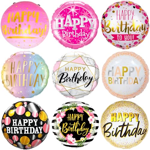 Party Austria Folienballon Geburtstagsballon 45cm Happy Birthday runder Geburtstag bunter Luftballon pink/rosegold/gold/weiß (Birthday 9er Set) von Party Austria