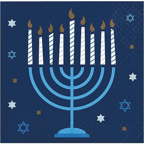 Chanukkah Celebration Menora Cocktail-Servietten: 32CT – Blau & Gold Stern Design – 12,7 x 12,7 cm – 2-lagig von Party Creations