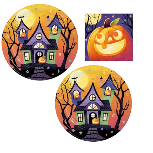 Haunted Pumpkins Halloween Dessert Party Supplies | Bundle enthält Pappteller und Servietten für 16 Personen Set | Haunted House & Jack O'Lantern Thema von Party Creations