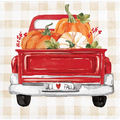 Hello Harvest Party-Servietten, 32 Stück, 2 Packungen à 16 ct, 2-lagige Getränke-Servietten, Kürbisgefüllt, rotes Bauernhof-Truck-Design von Party Creations