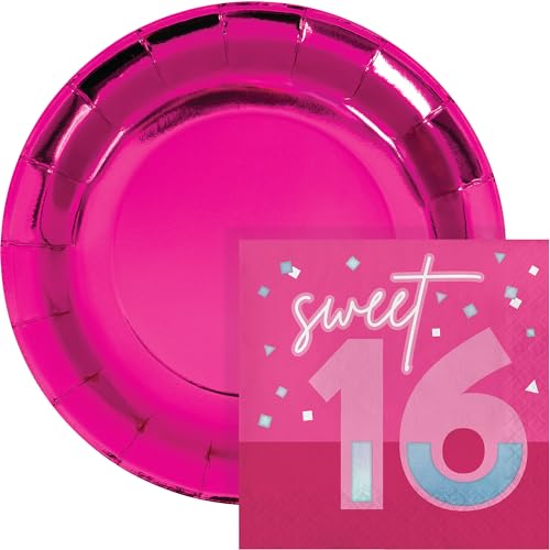 Hot Pink Foil Sweet 16 Partyzubehör | Geschirr-Set für 16 Gäste inklusive Speiseteller und Lunch-Servietten von Party Creations