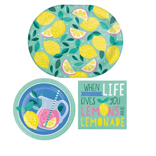 Luscious Lemons Partyzubehör, Geschirr-Set für 8 Gäste: ovale Teller, Dessertteller und 2-lagige Servietten, Zitronen-Design mit Zitrusanhänger von Party Creations