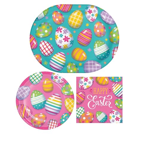 Ostereier-Partyzubehör – Geschirr-Set für 8 Gäste im Happy Eggster-Design – ovale Speiseteller, Dessertteller und Servietten von Party Creations