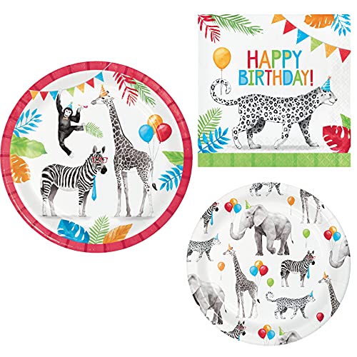 Party-Tiere Geburtstagsparty-Set | Zoo-Tier-Themen-Party-Paket | Papier-Dinner- und Dessertteller und Servietten für 8 Personen von Party Creations