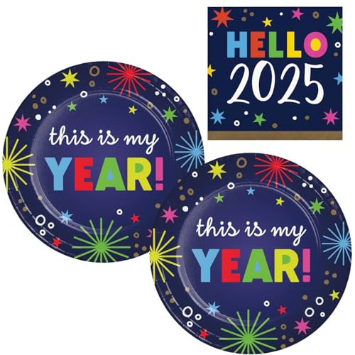 Silvester 2025 Partyzubehör-Set | Paket enthält Dessertteller aus Papier und Servietten für 16 Personen | strahlendes Neujahrsdesign von Party Creations