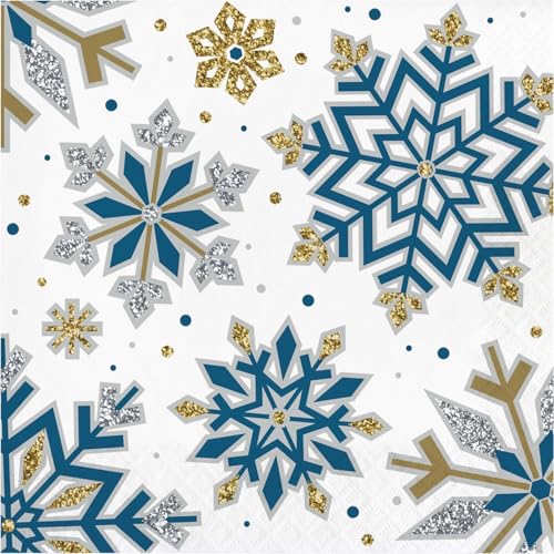 Skurrile Winterservietten, 32 Karat, Blau, Gold, Silber, Schneeflocken-Motiv, dekorative Papierservietten von Party Creations