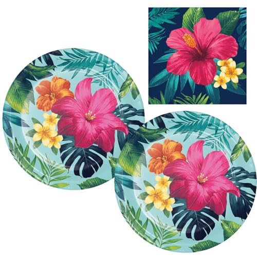 Tropic TIme Partyzubehör-Set, 16-teiliges Gäste-Set mit Desserttellern und Getränkeservietten, Luau-Thema, Hibiskus-Design von Party Creations