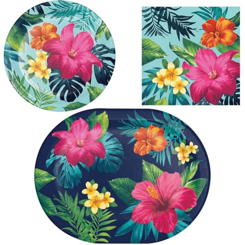 Tropic TIme Partyzubehör-Set, 8-teiliges Gäste-Set mit ovalen Esstellern, Desserttellern und Lunch-Servietten, Luau-Thema, Hibiskus-Design von Party Creations