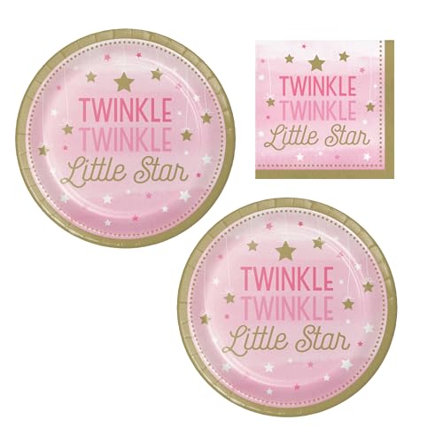 Twinkle Twinkle Little Star Pink & Gold Partyzubehör | Paket enthält Teller und Servietten für 16 Gäste von Party Creations