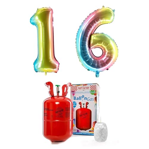 PARTY FACTORY Helium Set "16" mit XXL Zahlenballons, Ballongas und Ballonschnur - für Geburtstag, Jubiläum, Jahrestag; Gold, Silber, Schwarz, Pink, Rosa, Rosagold, Bunt (Regenbogen) von Party Factory
