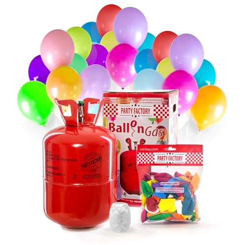 Party Factory – Helium Gasflasche 400L für ca. 50 Luftballons – Partydeko Ballongas Flasche mit bunten Latexballons & 40m Ballonschnur – Einwegflaschen mit Knick-Füllventil – Für viele Dekoanlässe Party Factory – Helium Gasflasche 400L für ca. 50 Luftballons – Partydeko Ballongas Flasche mit bunten Latexballons & 40m Ballonschnur – Einwegflaschen mit Knick-Füllventil – Für viele Dekoanlässe von Party Factory