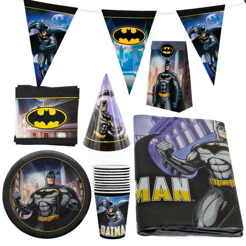 Party Factory `Batman´ XXL-Set, 10 Becher, 10 Teller, 20 Servietten, 1 Tischdecke, 1 Wimpelkette, 10 Partyhüte und 10 Partytüten von Party Factory