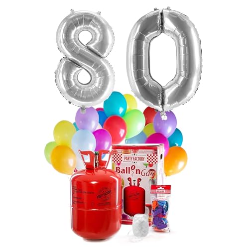 Party Factory `Happy 80´ Helium Komplett-Set, 2 silberne XXL Zahlenballons, 30 bunte Latexballons, 400l Ballongas und 40m Ballonschnur von Party Factory