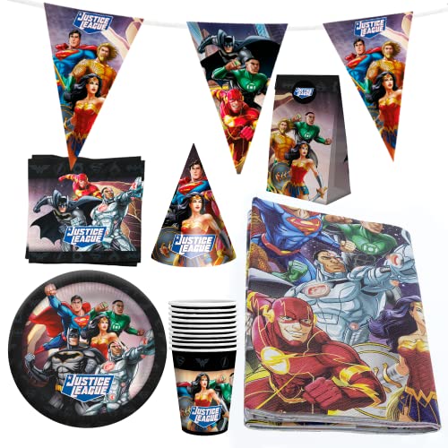 Party Factory `Justice League´ XXL-Set, 10 Becher, 10 Teller, 20 Servietten, 1 Tischdecke, 1 Wimpelkette, 10 Partyhüte und 10 Partytüten von Party Factory