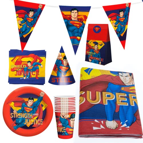 Party Factory `Superman´ XXL-Set, 10 Becher, 10 Teller, 20 Servietten, 1 Tischdecke, 1 Wimpelkette, 10 Partyhüte und 10 Partytüten von Party Factory