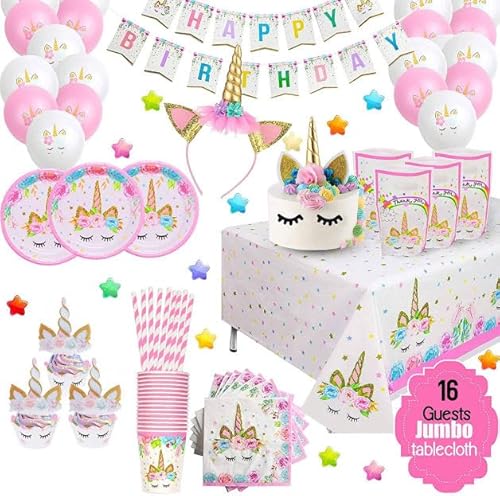 PartyFlamingo® MEGA Einhorn Party Deko Set Komplettset 126 Teile Geburtstag 16 Gäste Mädchen Prinzessin Ballon Tortentopper Teller Becher Servietten von Party Flamingo