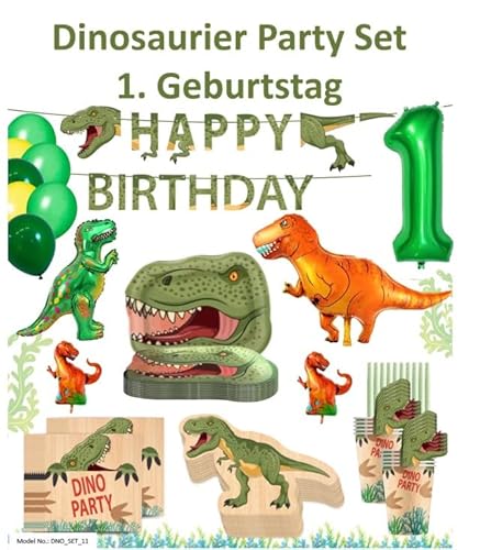 PartyFlamingo® Party Set Dinosaurier für 10 Gäste Party Deko Set Dinosaurier 80 tlg. Dino Zug Teller Becher Platzsets Servietten Geburtstag Kinder Kindegeburtstag (Party Set für 1. Geburtstag) von Party Flamingo