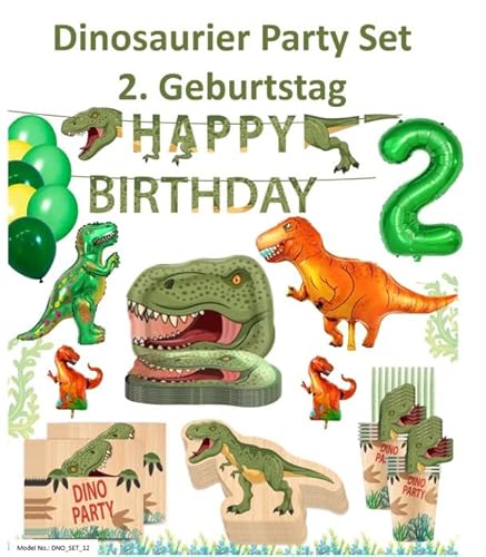 PartyFlamingo® Party Set Dinosaurier für 10 Gäste Party Deko Set Dinosaurier 80 tlg. Dino Zug Teller Becher Platzsets Servietten Geburtstag Kinder Kindegeburtstag (Party Set für 2. Geburtstag) von Party Flamingo