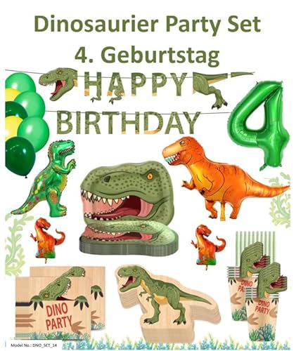 PartyFlamingo® Party Set Dinosaurier für 10 Gäste Party Deko Set Dinosaurier 80 tlg. Dino Zug Teller Becher Platzsets Servietten Geburtstag Kinder Kindegeburtstag (Party Set für 4. Geburtstag) von Party Flamingo