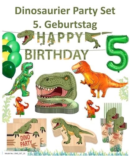 PartyFlamingo® Party Set Dinosaurier für 10 Gäste Party Deko Set Dinosaurier 80 tlg. Dino Zug Teller Becher Platzsets Servietten Geburtstag Kinder Kindegeburtstag (Party Set für 5. Geburtstag) von Party Flamingo