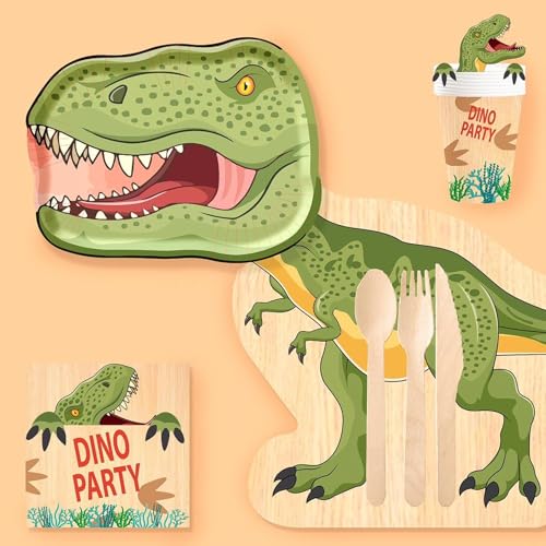 PartyFlamingo® Party Set Dinosaurier für 10 Gäste Party Deko Set Dinosaurier 80 tlg. Dino Zug Teller Becher Platzsets Servietten Geburtstag Kinder Kindegeburtstag (Party Set ohne Zahlen) von Party Flamingo