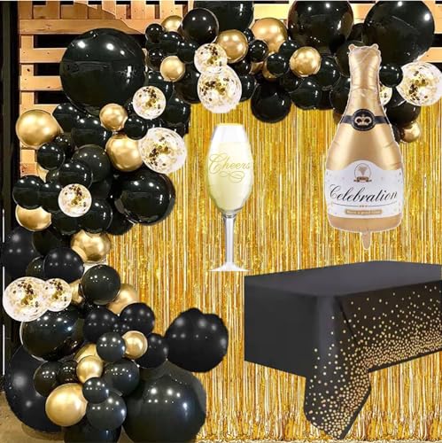 PartyFlamingo® Partyset schwarz gold Deko XXL Ballon Girlande Geburtstag Feier 117 tlg Luftballons Tischdecke Champagner Flasche, Sektkelch, Great Gatsby Party, 20er Jahre von Party Flamingo