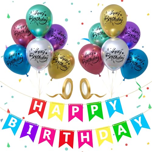 Happy Birthday Girlande, Mehrfarbige Bunt Geburtstagsdeko Banner mit 12 Zoll Metallisch Bunt Latex Luftballons, Geburtstagsparty Banner Dekorationen für Jungen Männer Mädchen Frauen von Party Forest