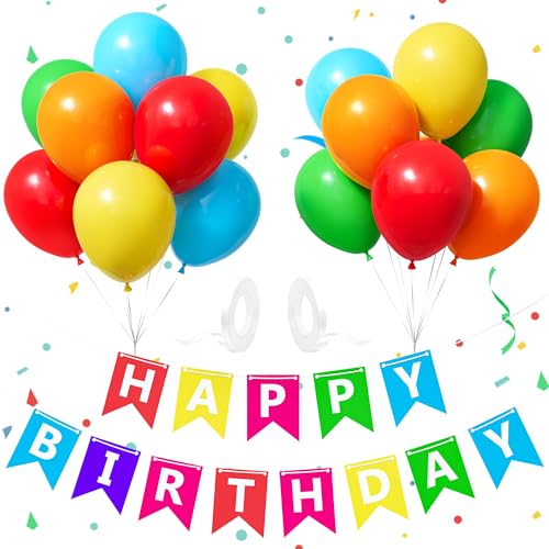 Happy Birthday Girlande, Regenbogen Geburtstagsdeko Banner mit 12 Zoll Bunt Latex Konfetti Luftballons, Geburtstagsparty Banner Dekorationen für Mädchen Jungen Frauen Männer von Party Forest