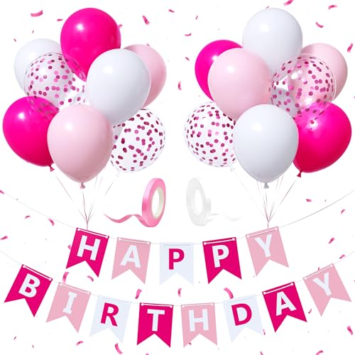 Happy Birthday Girlande, Pink Geburtstagsdeko Banner mit 12 Zoll Heißes Rosa Latex Konfetti Luftballons, Geburtstagsparty Banner Dekorationen für Mädchen Frauen von Party Forest