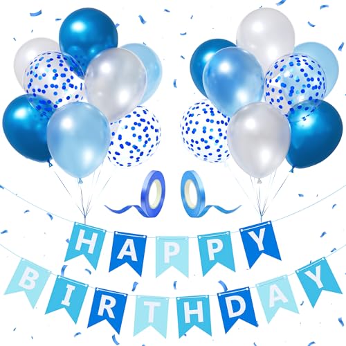 Happy Birthday Girlande, Blau Weiße Geburtstagsdeko Banner mit 12 Zoll Metallisch Blau Latex Konfetti Luftballons, Geburtstagsparty Banner Dekorationen für Jungen und Männer von Party Forest