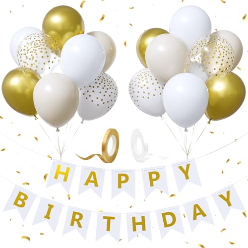 Happy Birthday Girlande, Weiße Geburtstagsdeko Banner mit 12 Zoll Sandweiß Metallisch Gold Latex Konfetti Luftballons, Geburtstagsparty Banner Dekorationen für Mädchen Jungen Frauen Männer von Party Forest