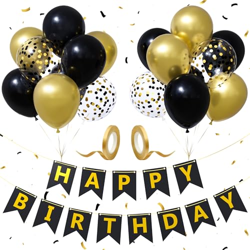 Happy Birthday Girlande,Schwarz Gold Geburtstagsdeko Banner mit 12 Zoll Metallisch Gold Latex Konfetti Luftballons, Geburtstagsparty Banner Dekorationen für Mädchen Jungen und Männer Frauen von Party Forest