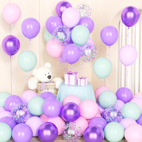 Meerjungfrau Party Ballons,50 Pcs 12 Zoll Lila Rosa Teal Blau Konfetti Latex Ballons mit 2 Bändern für Meerjungfrau Thema Mädchen Geburtstagsparty Baby Shower Hochzeit Dekorationen von Party Forest