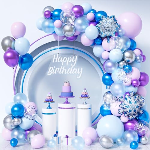 Frozen Luftballon Bogen Set, 112 Stück Schneeflocken Themen Macaron Lila Blau Ballon Mit Metallic Lila Blau Ballon, Trümmer Schneeflocken Ballon Für Mädchen Kinder Wintergeburtstag Party von Party Forest