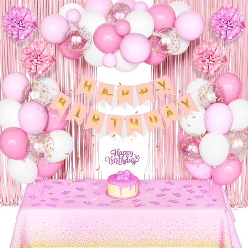 Geburtstag Deko für Frauen Mädchen, Pastell Rosa Weiß Luftballons mit Happy Birthday Banner Dekorationen Papier Pompon Regenvorhang Cake Topper Tischdecke von Party Forest