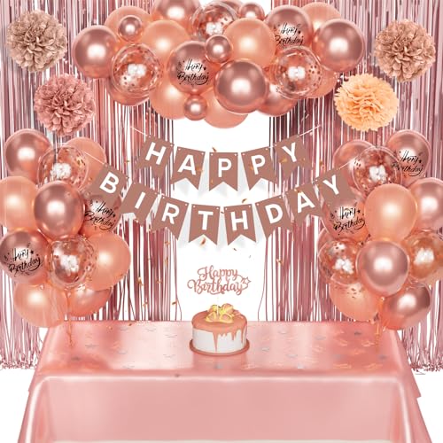 Geburtstag Deko für Frauen Mädchen, Roségold Luftballons mit Happy Birthday Banner Dekorationen Papier Pompon Regenvorhang Cake Topper Tischdecke für 18. 21. 30. 40. 50. 60. 70 von Party Forest