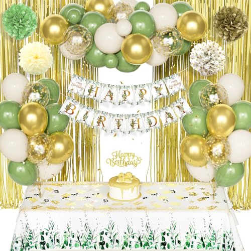 Geburtstag Deko für Junge Mädchen, Salbeigrün Gold Luftballons mit Happy Birthday Banner Dekorationen Papier Pompon Regenvorhang Cake Topper Tischdecke für Frauen Männer 1. 18. 21. 30. 40. 50. 60 von Party Forest