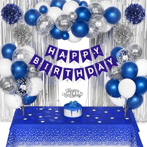 Geburtstag Deko für Männer Junge, Marineblau Silber Luftballons mit Happy Birthday Banner Dekorationen Papier Pompon Regenvorhang Cake Topper Tischdecke für 1. 18. 21. 30. 40. 50. 60. 70 von Party Forest