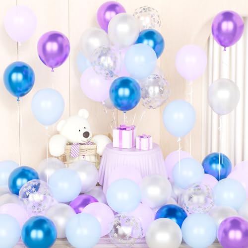 Gefrorene Ballons,50 Pcs 12 Zoll Blau Lila Schneeflocke Konfetti Latex Ballons mit 2 Bändern für Mädchen Eis Schnee Thema Geburtstagsfeier Winter Wunderland Dekoration von Party Forest