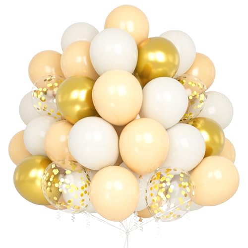 Luftballons Beige, 60 Stück Ballons Beige Sand Weiß Gold Ballons Goldene Konfetti Luftballons Metallic mit Band für Mädchen Frauen Geburtstag Boho Baby Shower Hochzeit Party Dekoration von Party Forest