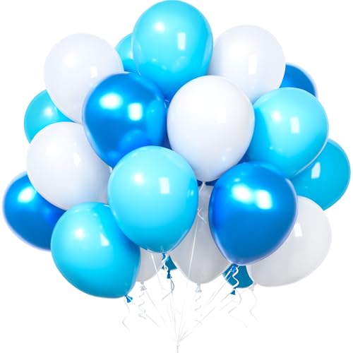Luftballons Blau Weiss Blaue Luftballon Metallic Blau Weiße Ballons mit Band für Babyparty Deko Junge Geburtstag Taufe Hochzeit Party Dekorationen (30 Stück) von Party Forest