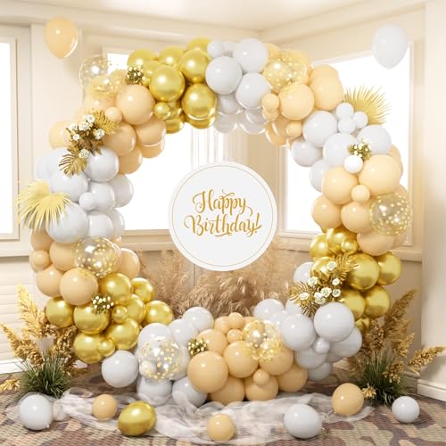 Luftballons Girlande Beige Weiß Gold, 140 Stück Ballons Girlande Weiß Beige Nude mit Metallic Gold Konfetti Latex Luftballons für Mädchen Frauen Boho Hochzeit Geburtstag Babyparty Party Dekorationen von Party Forest