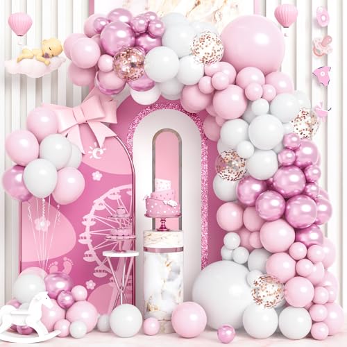 Luftballons Girlande Rosa, 115 Stück Ballon Pastell Macaron Rosa Weiß Roségold Konfetti Luftballon Mädchen Frauen Geburtstag Babyshower Taufe Gender Reveal Hochzeit Verlobung Dekoration von Party Forest