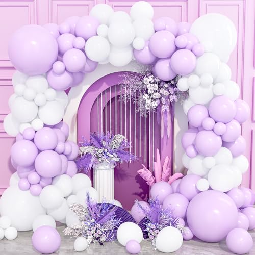 Lila Weiße Luftballons, 120 Pcs Pastell Baby Lila Ballon Bogen Girlande Kit mit Verschiedenen Größen 18/12/10/5 Zoll für Mädchen Frauen Geburtstag Baby Shower Hochzeit Verlobung Jubiläum Party Deko von Party Forest