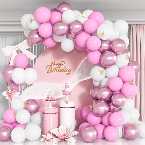 Rosa Luftballons Bogen Set, 115 Stück Mattrosa Weiße Luftballons Girlanden, Metallische Rosa Luftballons Bogen Für Mädchen Frauen Geburtstags Feier Hochzeit Abschlussfeier Verlobung Braut Dekorationen von Party Forest