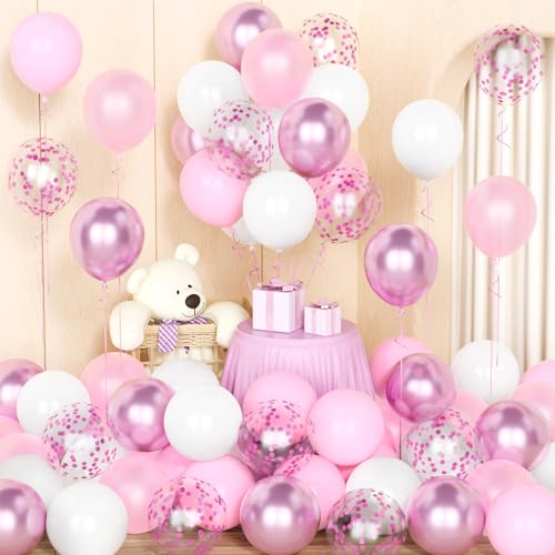 Rosa weiß Luftballons,50 Pcs 12 Zoll Pastell Hellrosa Konfetti Latex Ballone mit 2 Bändern für Mädchen Frauen Geburtstagsparty Baby Shower Hochzeit Jubiläum Dekorationen von Party Forest